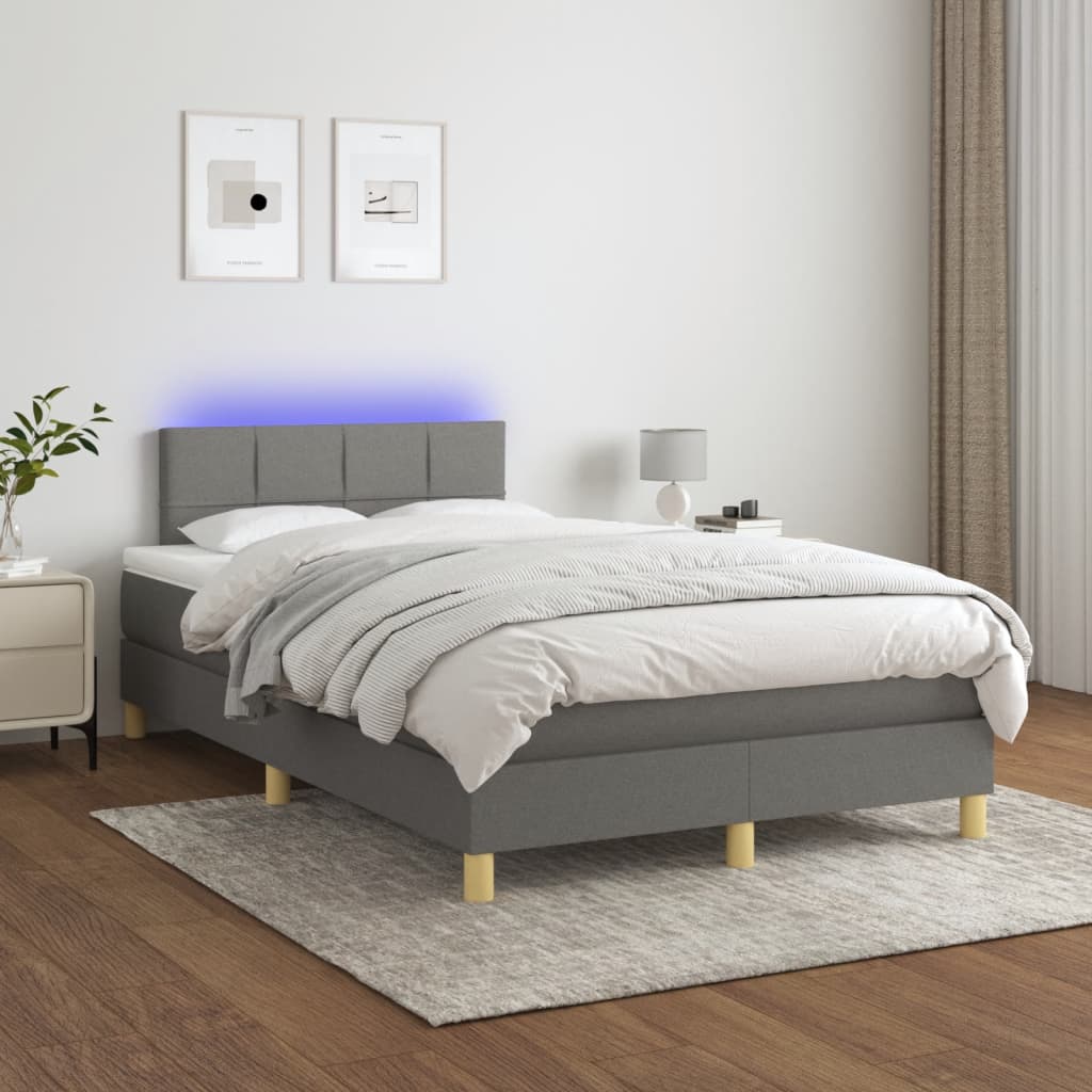sötétszürke szövet rugós és LED-es ágy matraccal 120x190 cm