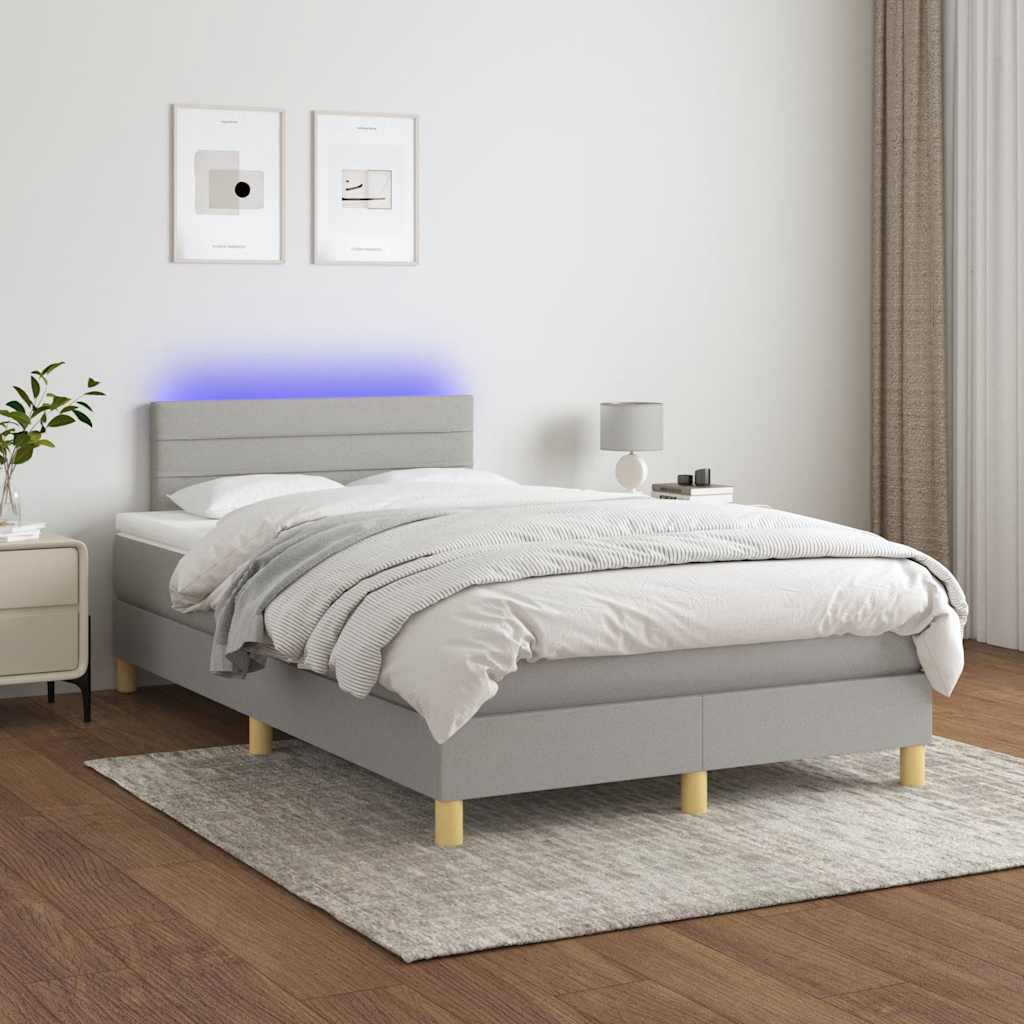 világosszürke szövet rugós és LED-es ágy matraccal 120x190 cm