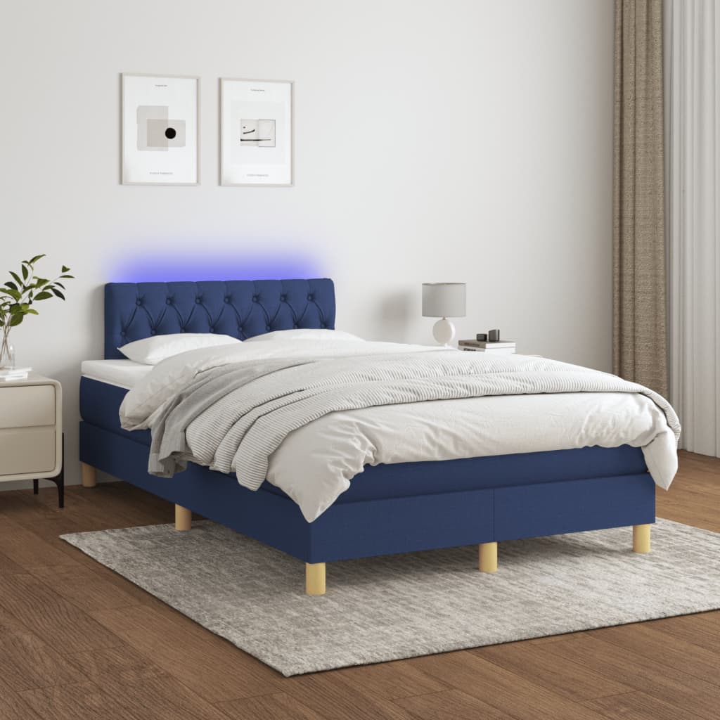 kék szövet rugós és LED-es ágy matraccal 120x190 cm