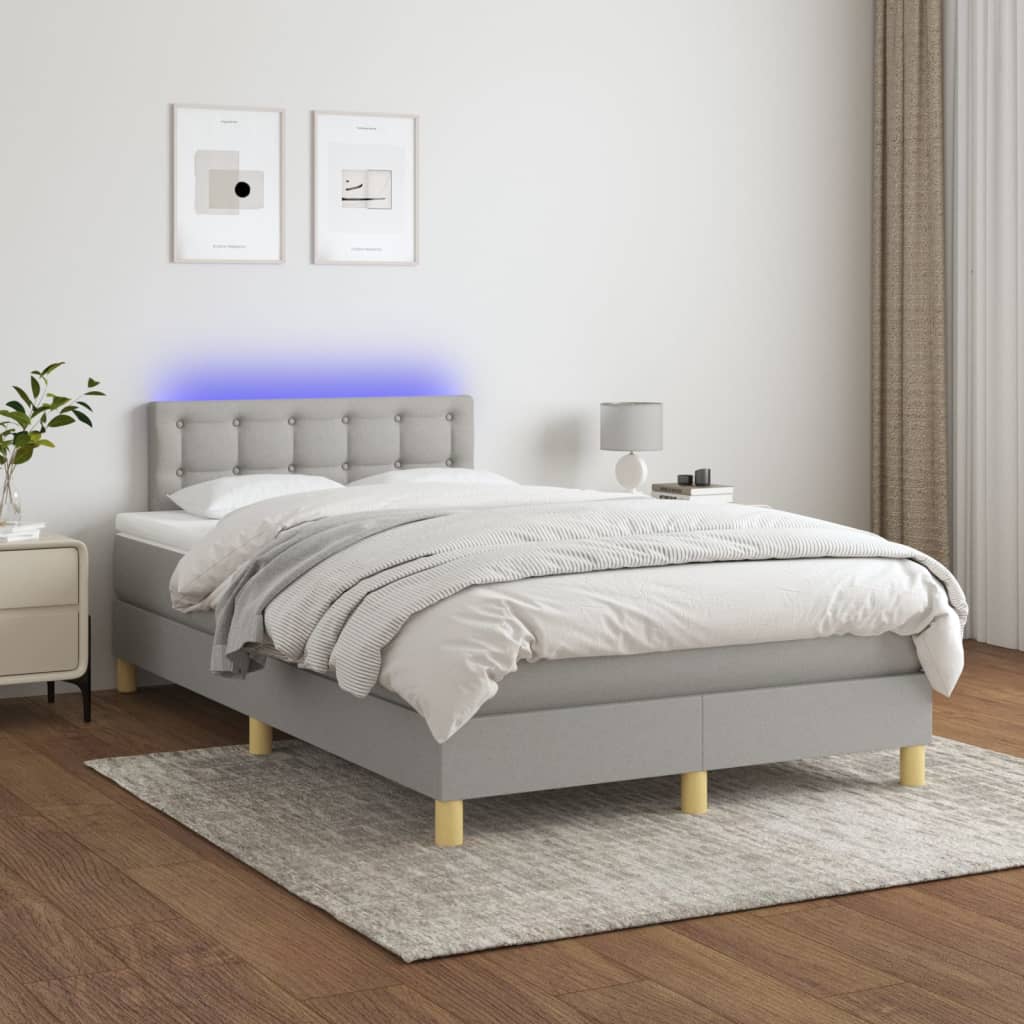 világosszürke szövet rugós és LED-es ágy matraccal 120x190 cm