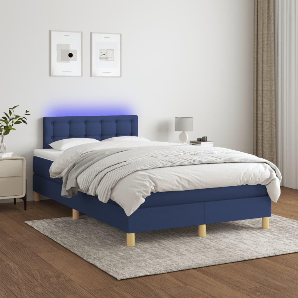 kék szövet rugós és LED-es ágy matraccal 120x190 cm