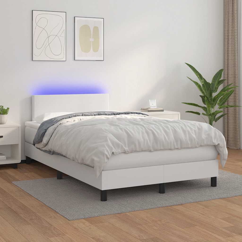 fehér műbőr rugós és LED-es ágy matraccal 120x190 cm