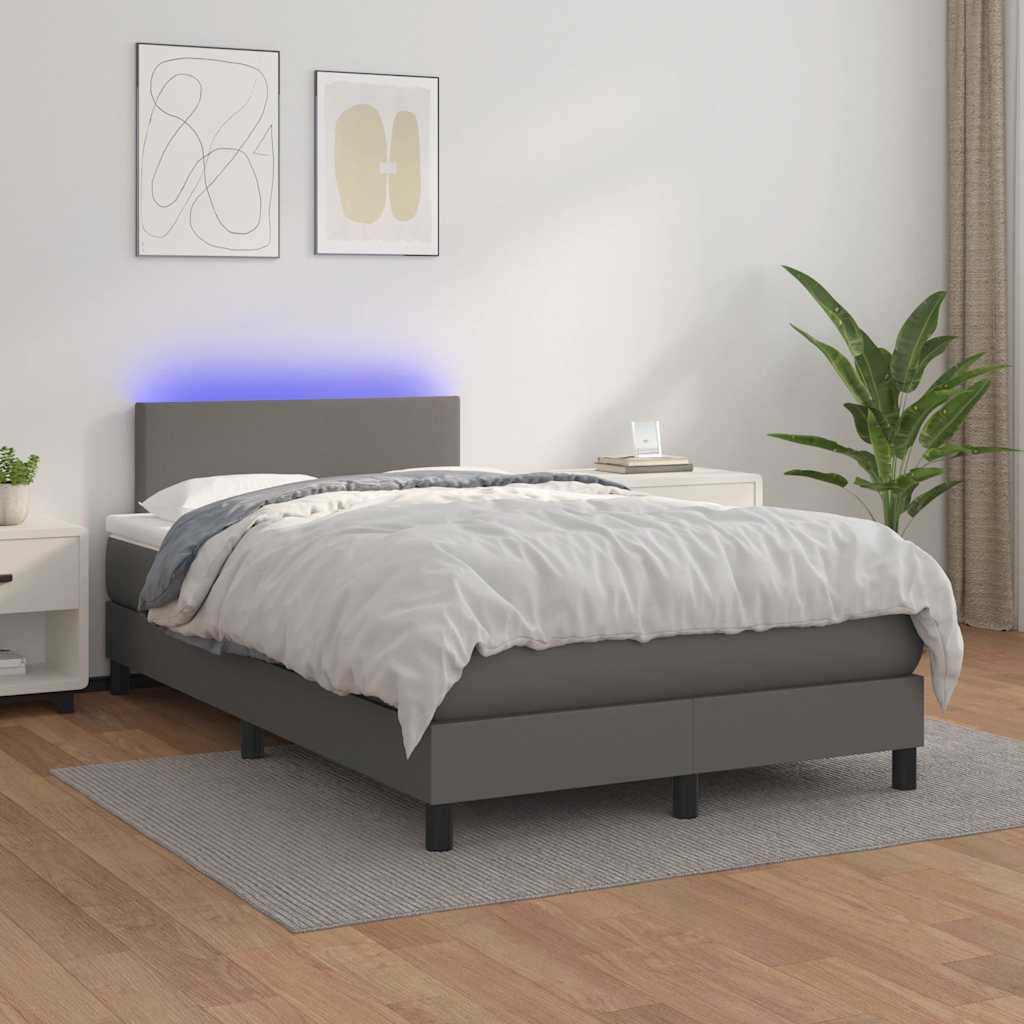 szürke műbőr rugós és LED-es ágy matraccal 120x190 cm