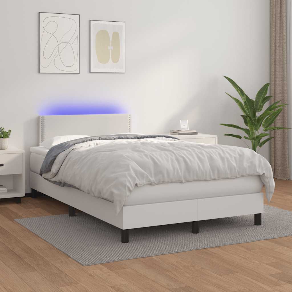 fehér műbőr rugós és LED-es ágy matraccal 120x190 cm