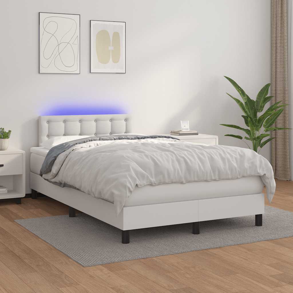 fehér műbőr rugós és LED-es ágy matraccal 120x190 cm