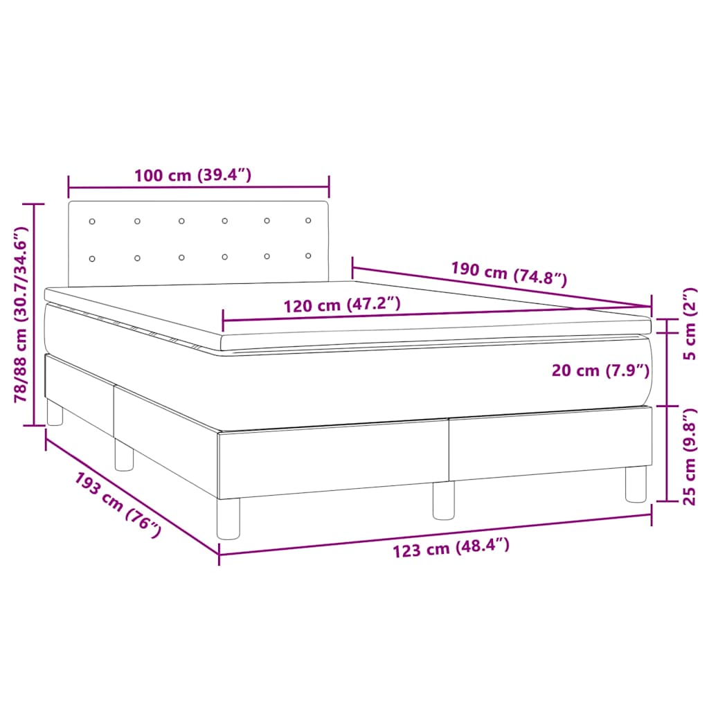 szürke műbőr rugós és LED-es ágy matraccal 120x190 cm