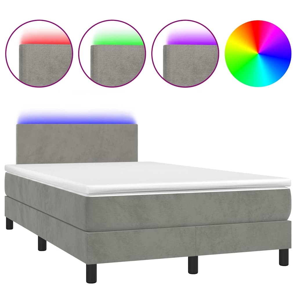 világosszürke bársony rugós és LED-es ágy matraccal 120x190 cm