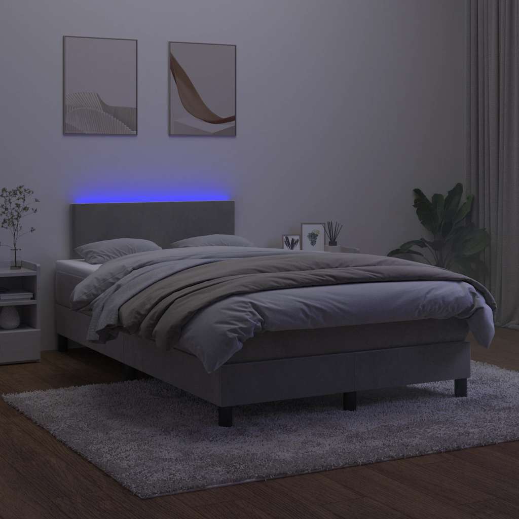 világosszürke bársony rugós és LED-es ágy matraccal 120x190 cm