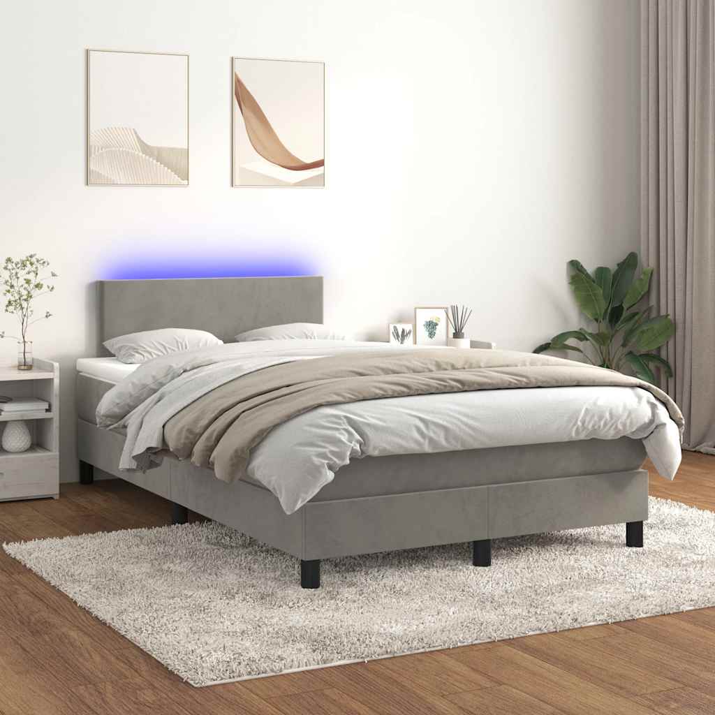 világosszürke bársony rugós és LED-es ágy matraccal 120x190 cm