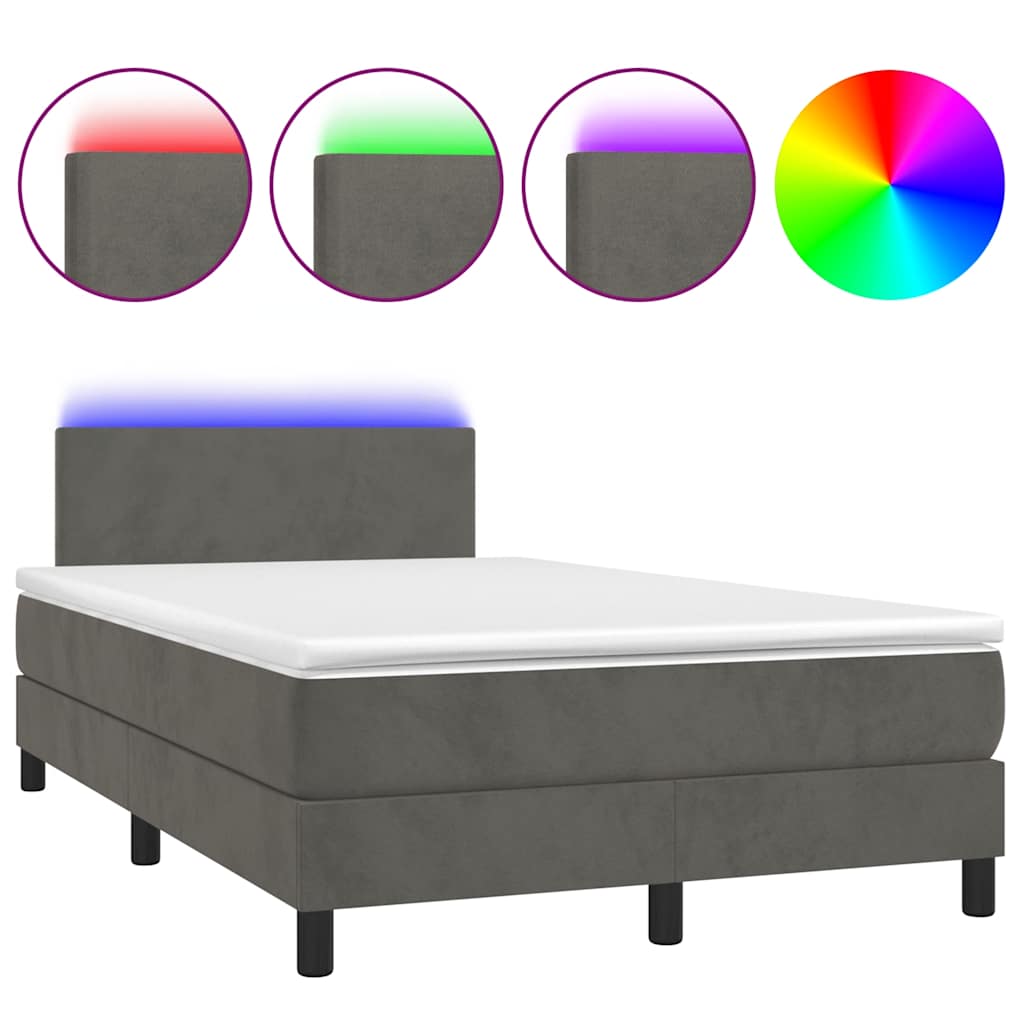 sötétszürke bársony rugós és LED-es ágy matraccal 120x190 cm