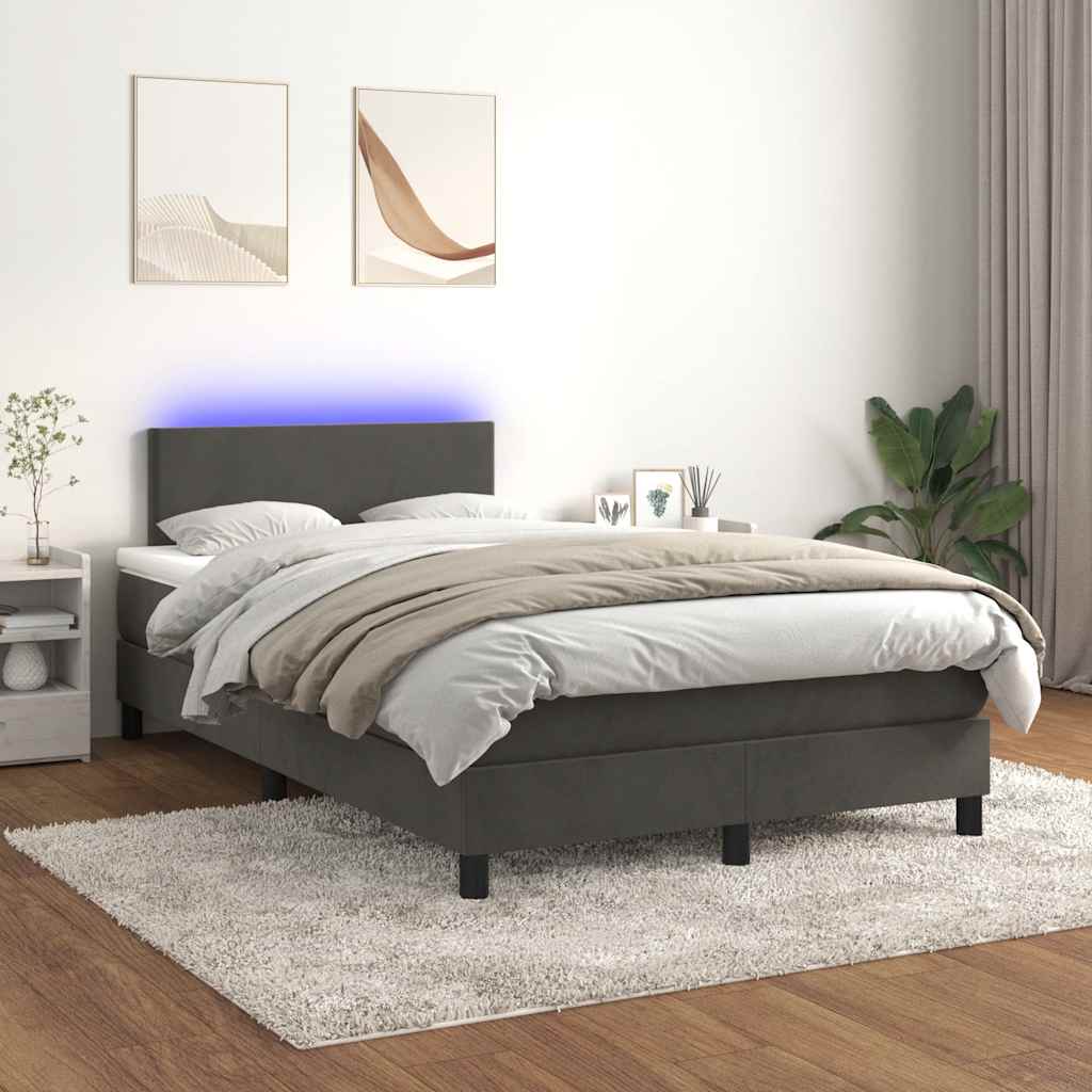 sötétszürke bársony rugós és LED-es ágy matraccal 120x190 cm