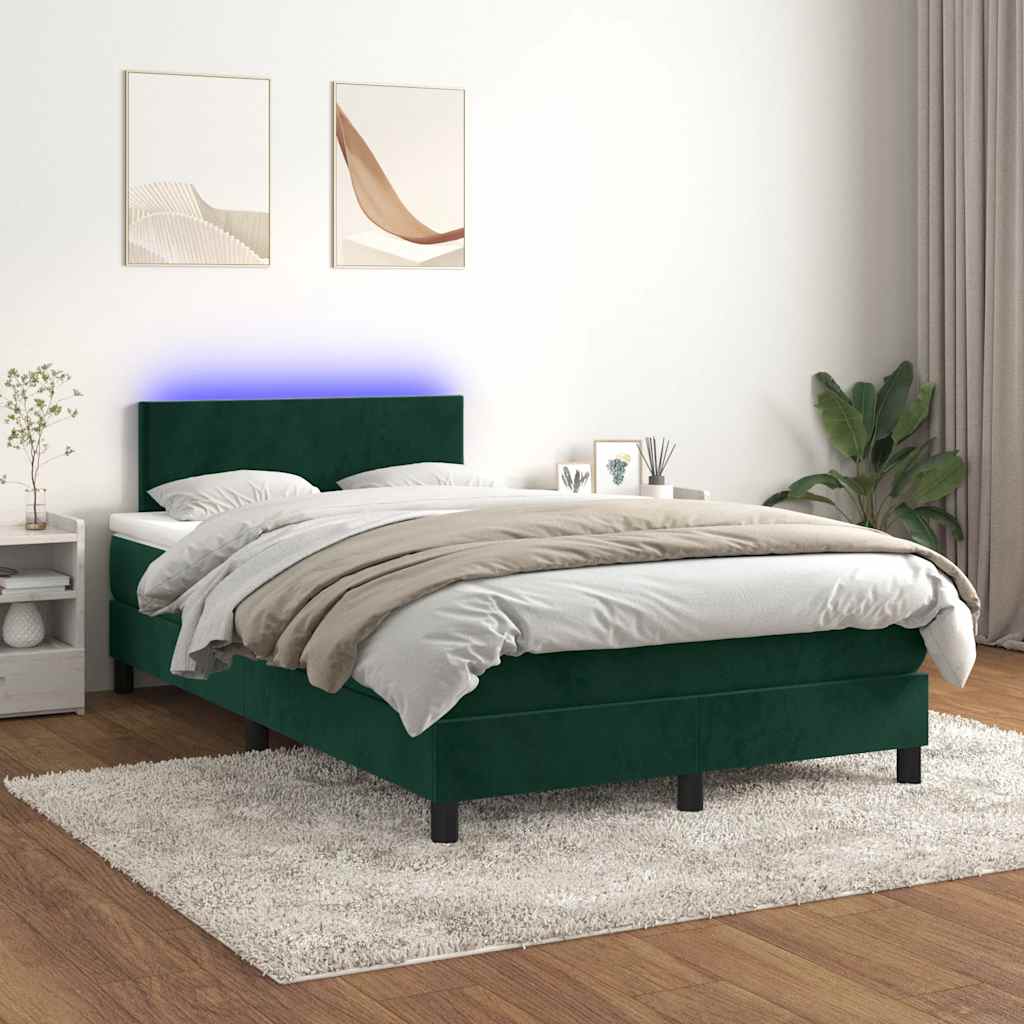 sötétzöld bársony rugós és LED-es ágy matraccal 120x190 cm