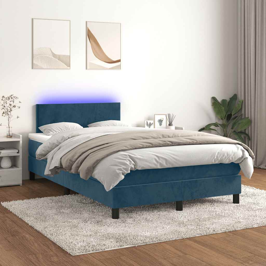 sötétkék bársony rugós és LED-es ágy matraccal 120x190 cm