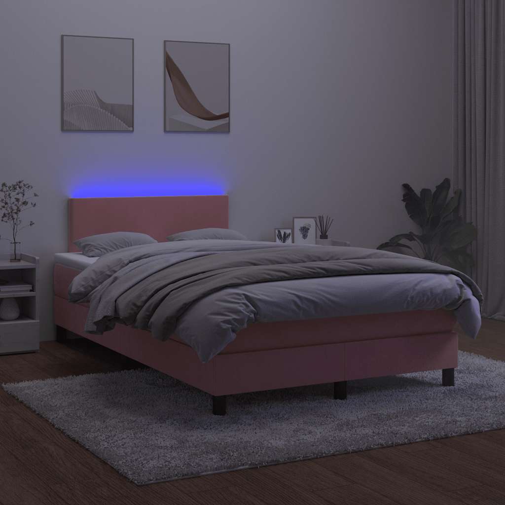 rózsaszín bársony rugós és LED-es ágy matraccal 120 x 190 cm