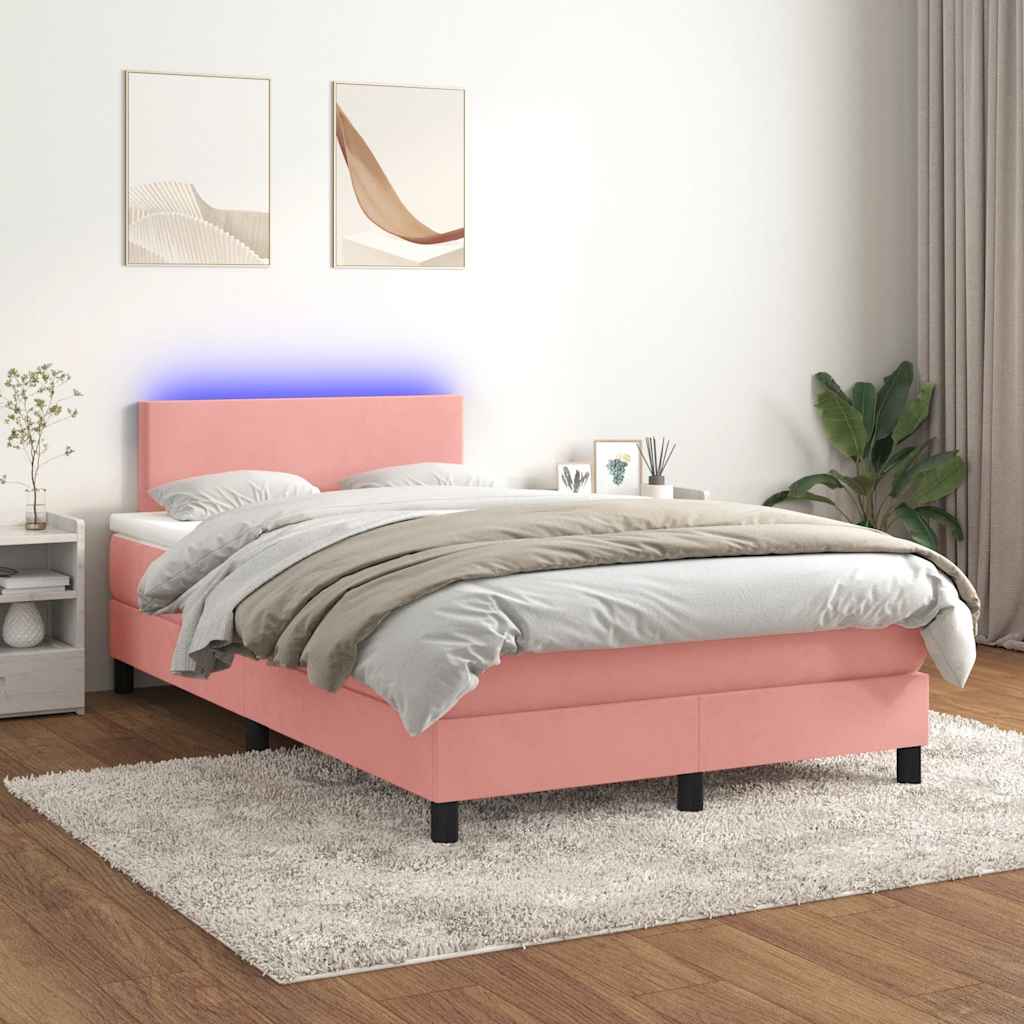 rózsaszín bársony rugós és LED-es ágy matraccal 120 x 190 cm