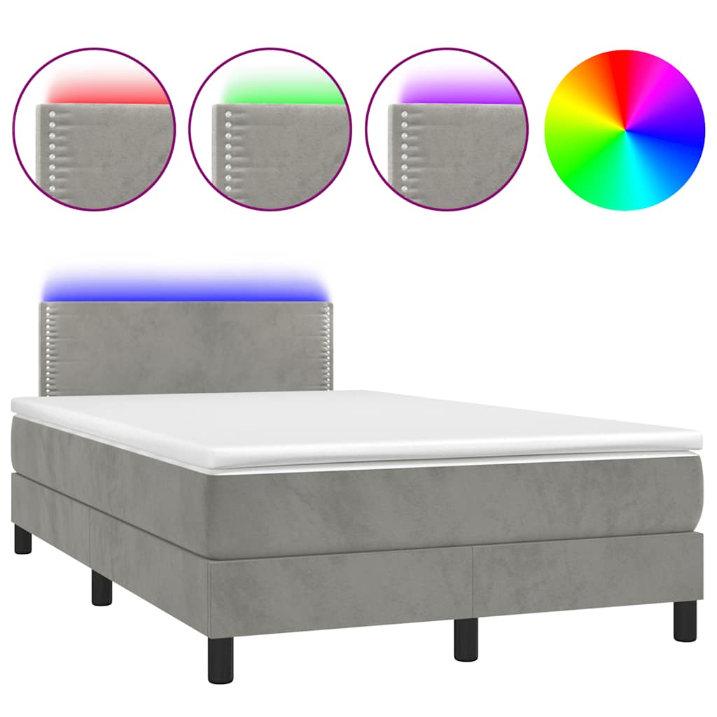 világosszürke bársony rugós és LED-es ágy matraccal 120x190 cm