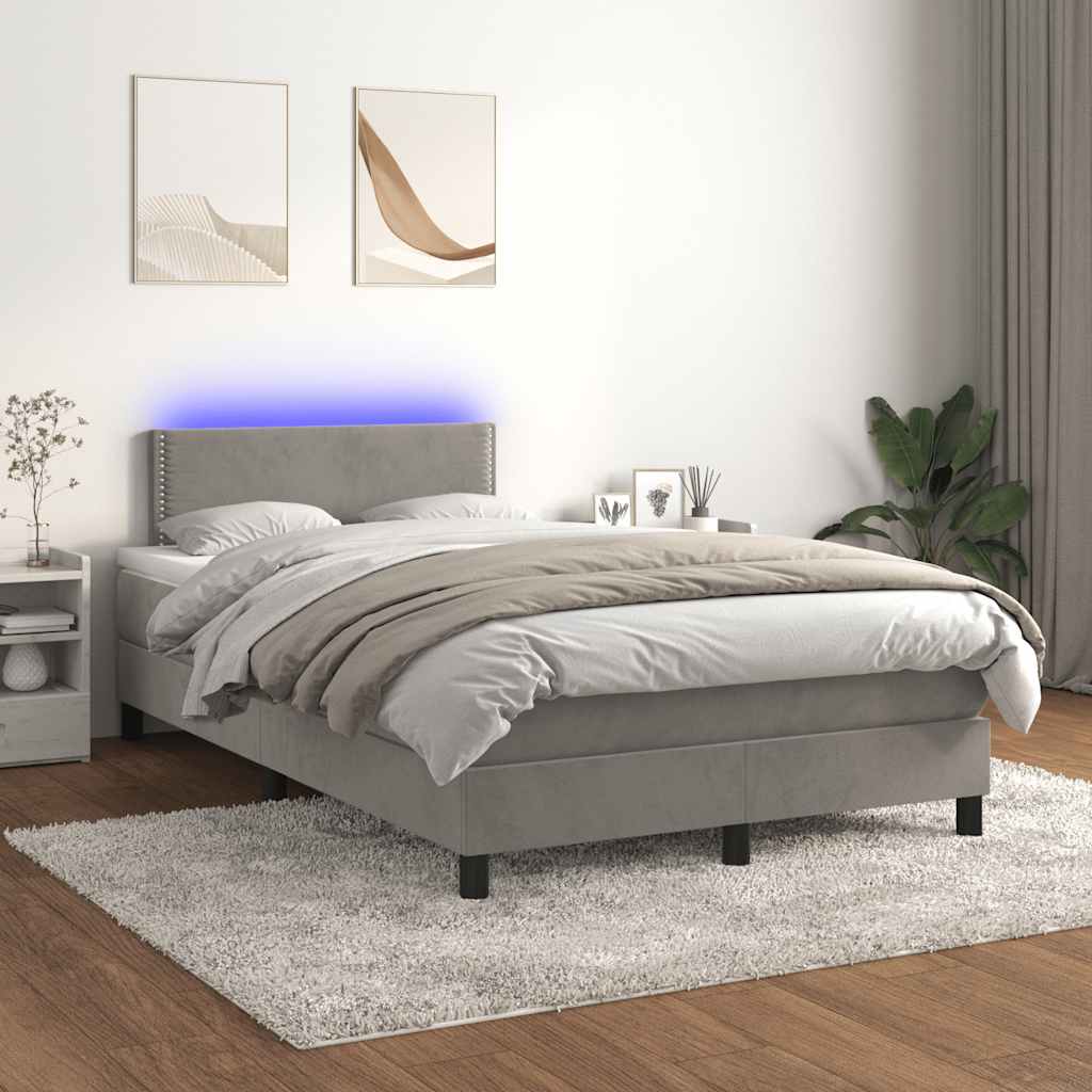 világosszürke bársony rugós és LED-es ágy matraccal 120x190 cm