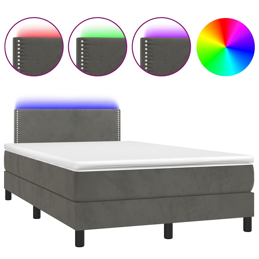 sötétszürke bársony rugós és LED-es ágy matraccal 120x190 cm