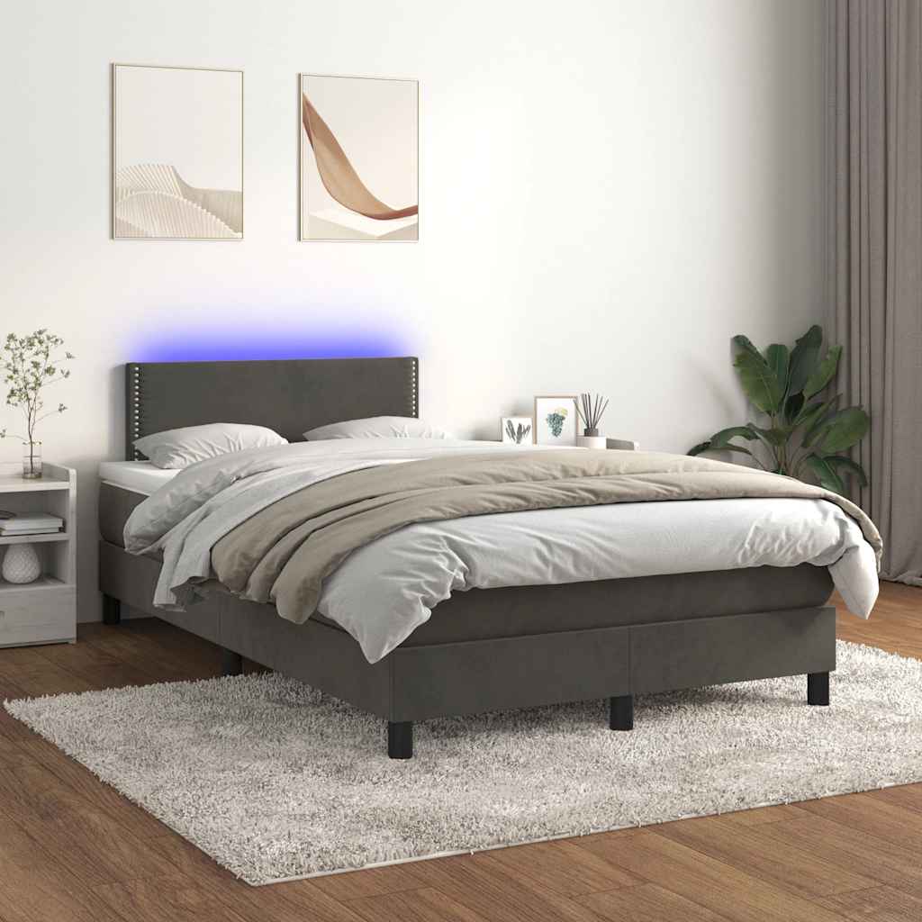 sötétszürke bársony rugós és LED-es ágy matraccal 120x190 cm