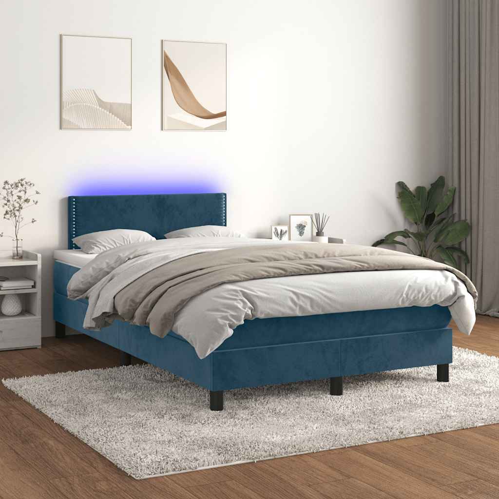 sötétkék bársony rugós és LED-es ágy matraccal 120x190 cm