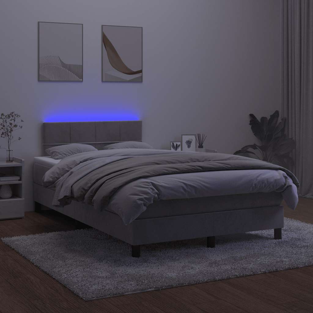 világosszürke bársony rugós és LED-es ágy matraccal 120x190 cm