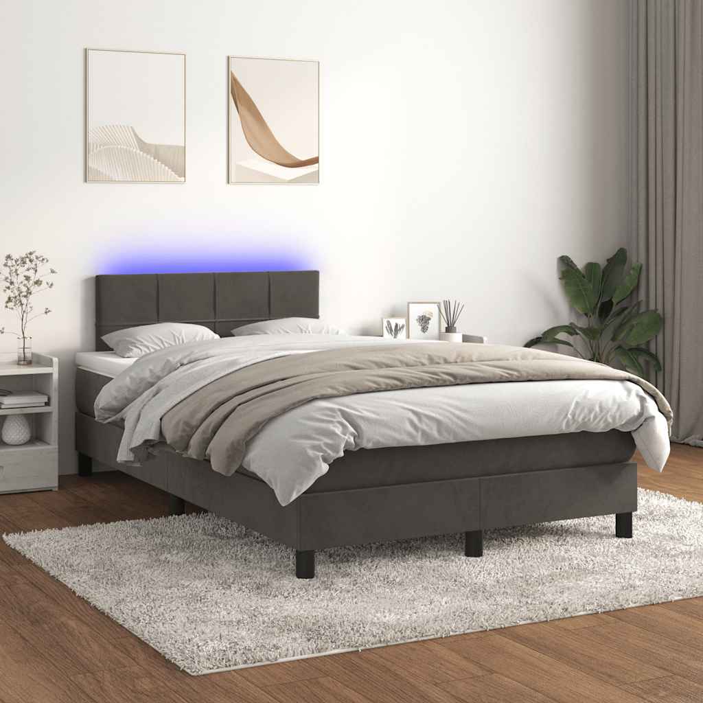 sötétszürke bársony rugós és LED-es ágy matraccal 120x190 cm