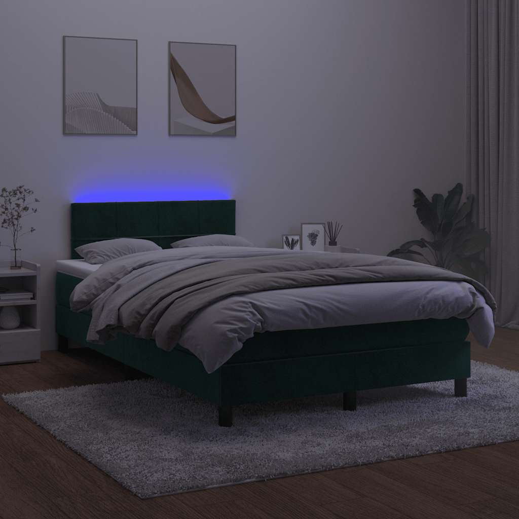 sötétzöld bársony rugós és LED-es ágy matraccal 120x190 cm