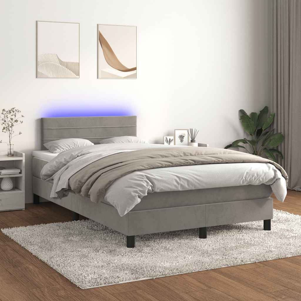 világosszürke bársony rugós és LED-es ágy matraccal 120x190 cm