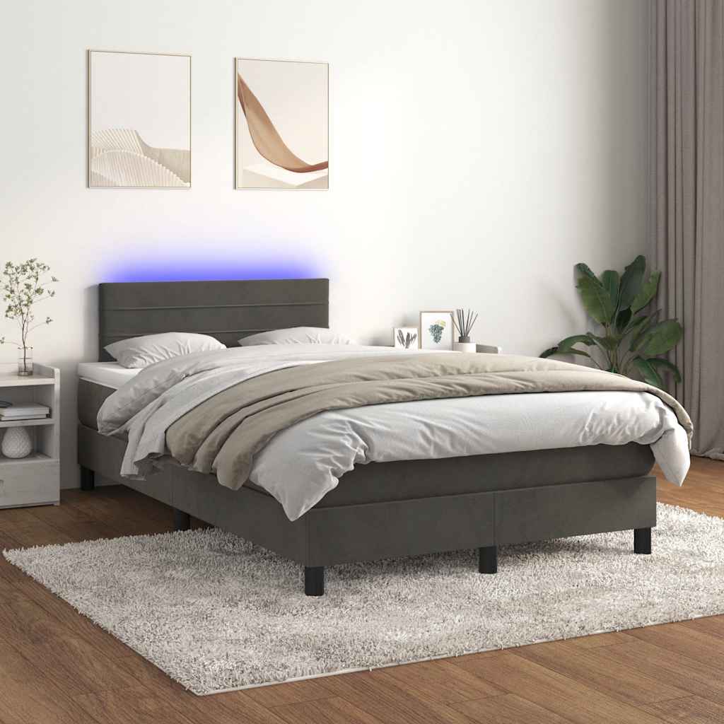 sötétszürke bársony rugós és LED-es ágy matraccal 120x190 cm