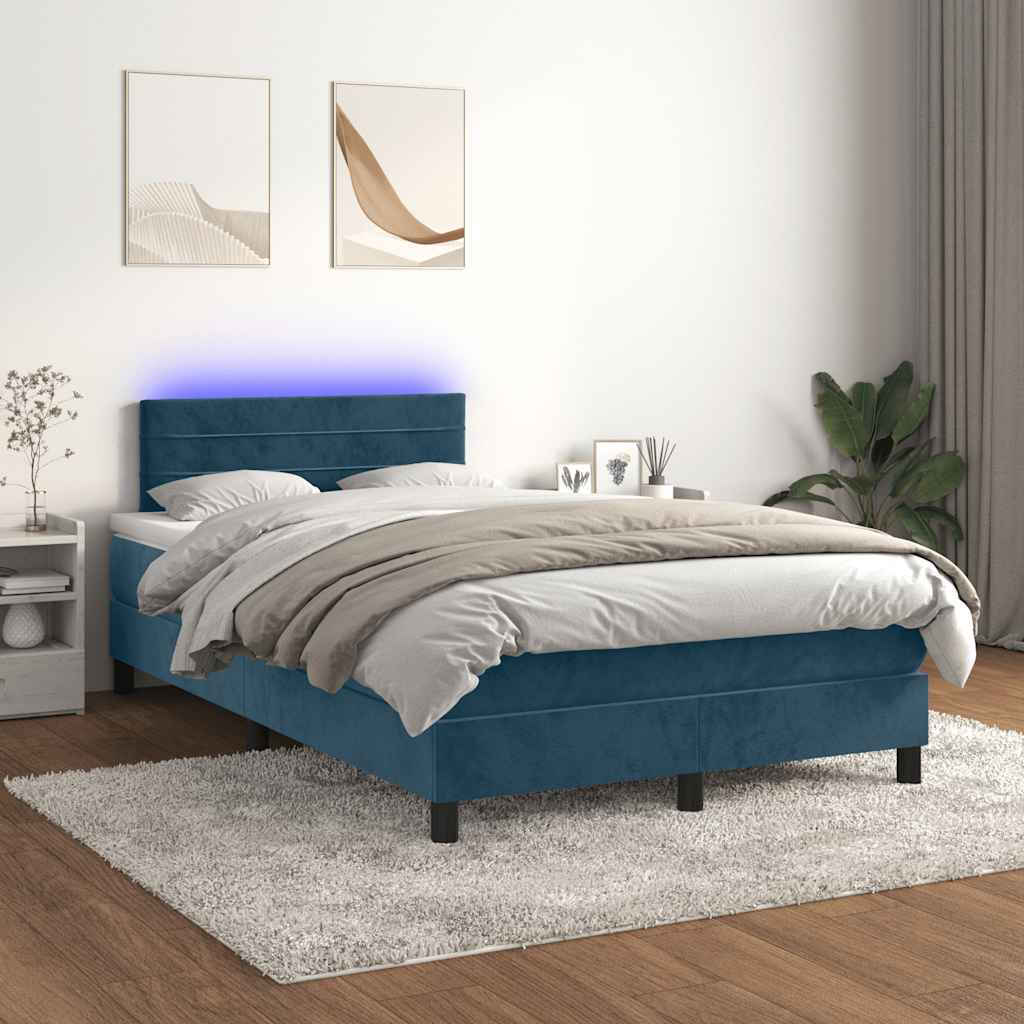 sötétkék bársony rugós és LED-es ágy matraccal 120x190 cm