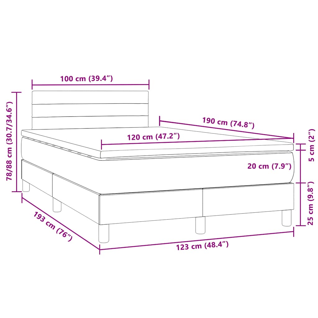 sötétkék bársony rugós és LED-es ágy matraccal 120x190 cm