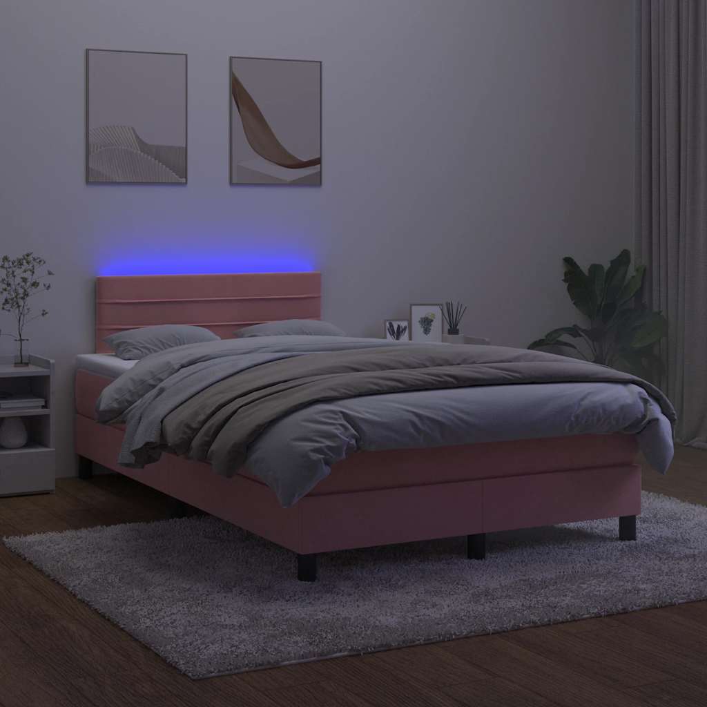 rózsaszín bársony rugós és LED-es ágy matraccal 120 x 190 cm