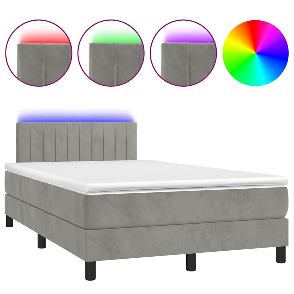 világosszürke bársony rugós és LED-es ágy matraccal 120x190 cm