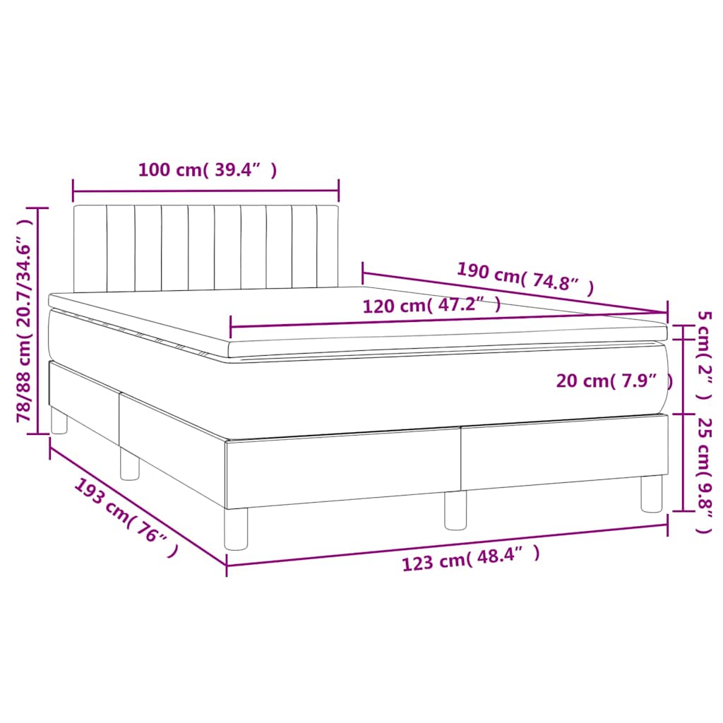 világosszürke bársony rugós és LED-es ágy matraccal 120x190 cm