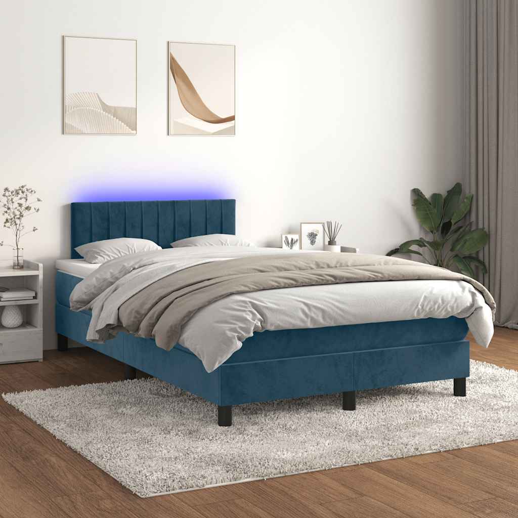 sötétkék bársony rugós és LED-es ágy matraccal 120x190 cm