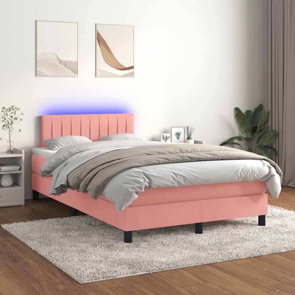 rózsaszín bársony rugós és LED-es ágy matraccal 120 x 190 cm