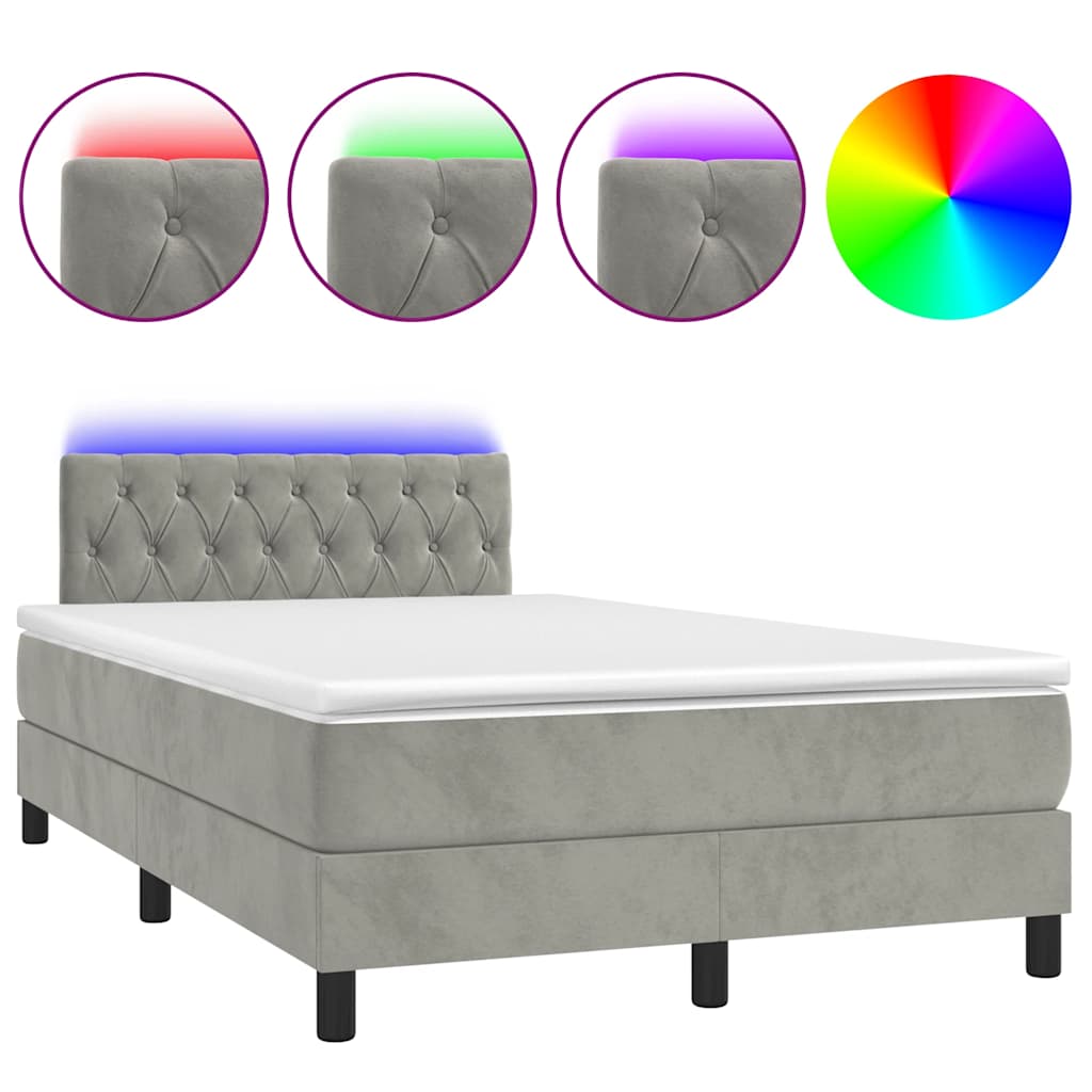 világosszürke bársony rugós és LED-es ágy matraccal 120x190 cm