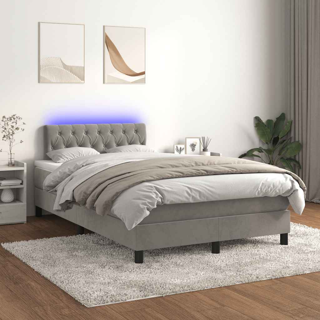 világosszürke bársony rugós és LED-es ágy matraccal 120x190 cm