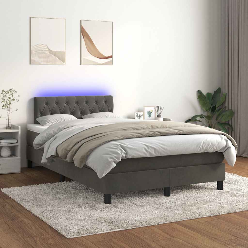 sötétszürke bársony rugós és LED-es ágy matraccal 120x190 cm
