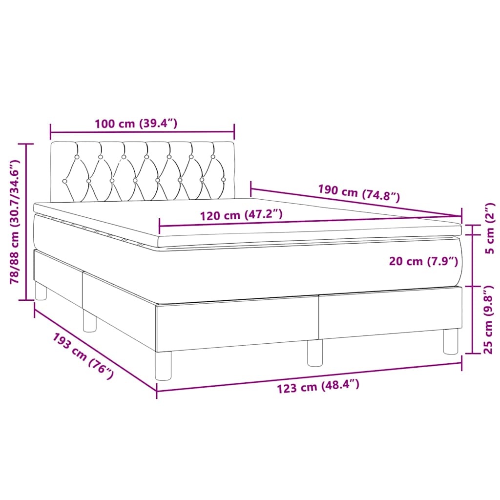 sötétszürke bársony rugós és LED-es ágy matraccal 120x190 cm