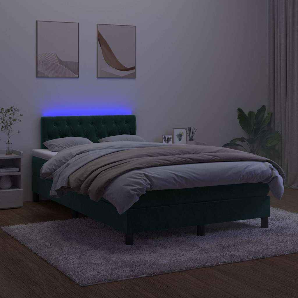 sötétzöld bársony rugós és LED-es ágy matraccal 120x190 cm