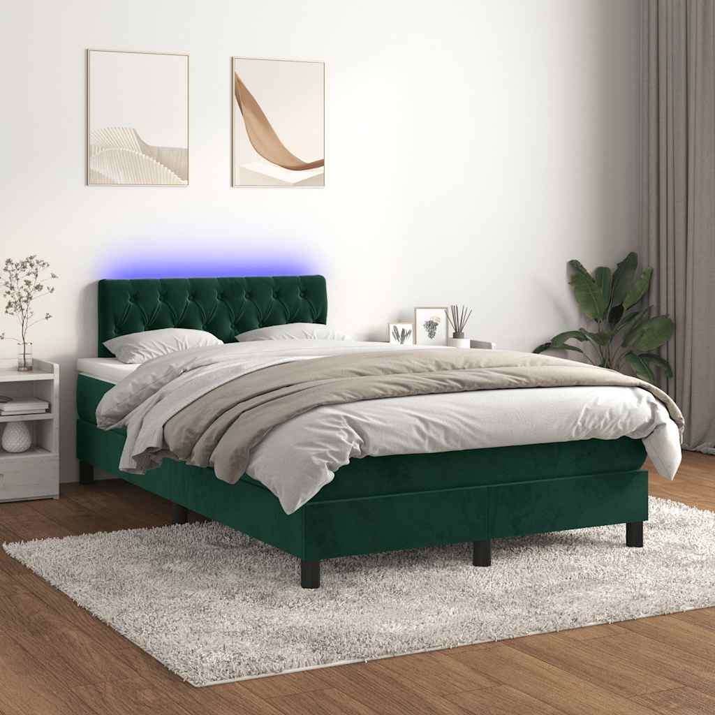 sötétzöld bársony rugós és LED-es ágy matraccal 120x190 cm