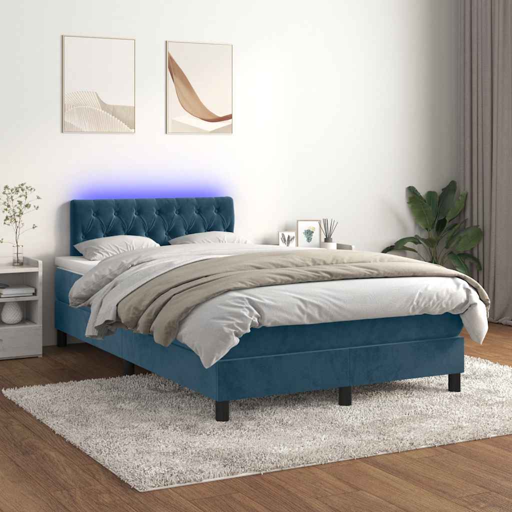 sötétkék bársony rugós és LED-es ágy matraccal 120x190 cm