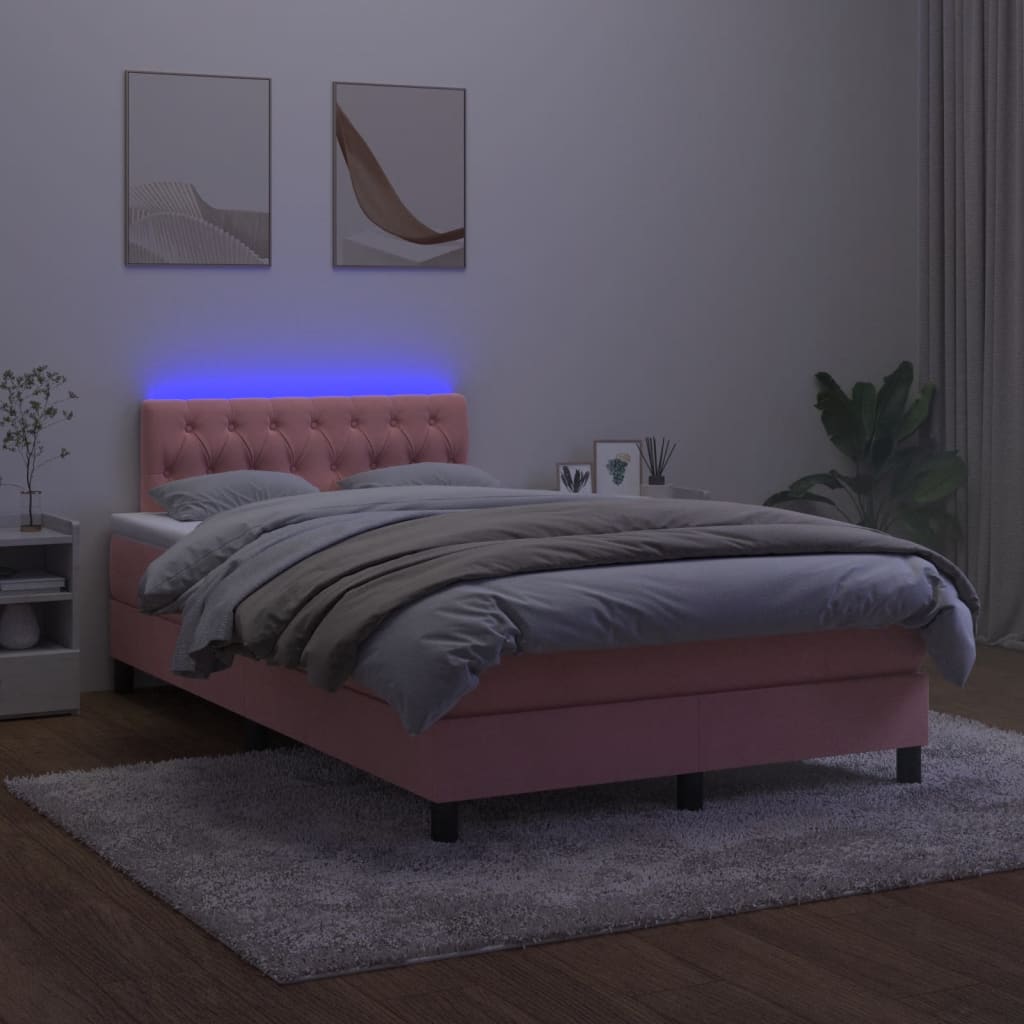 rózsaszín bársony rugós és LED-es ágy matraccal 120 x 190 cm