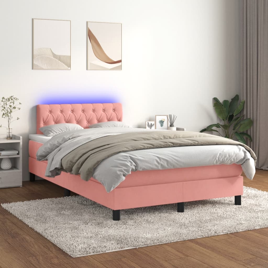 rózsaszín bársony rugós és LED-es ágy matraccal 120 x 190 cm