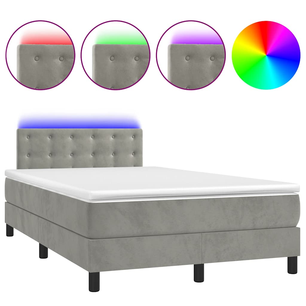 világosszürke bársony rugós és LED-es ágy matraccal 120x190 cm