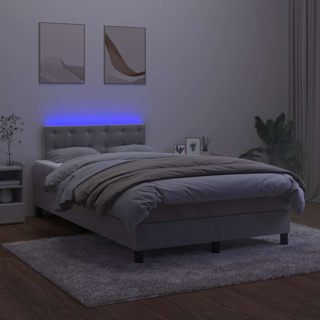 világosszürke bársony rugós és LED-es ágy matraccal 120x190 cm
