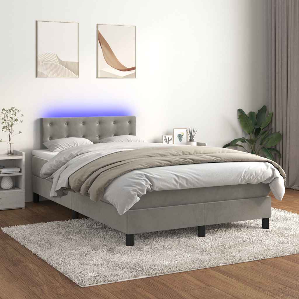 világosszürke bársony rugós és LED-es ágy matraccal 120x190 cm