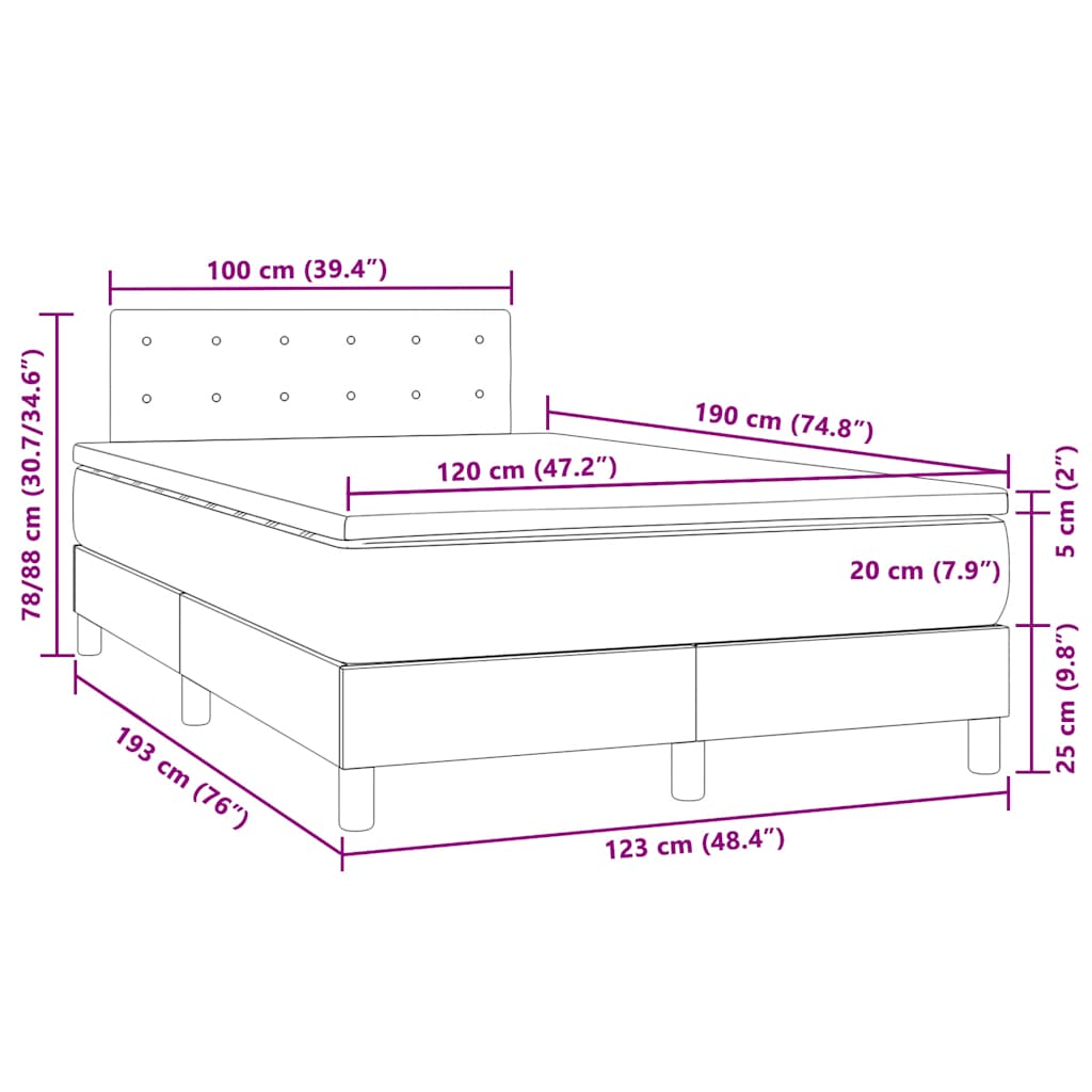 világosszürke bársony rugós és LED-es ágy matraccal 120x190 cm