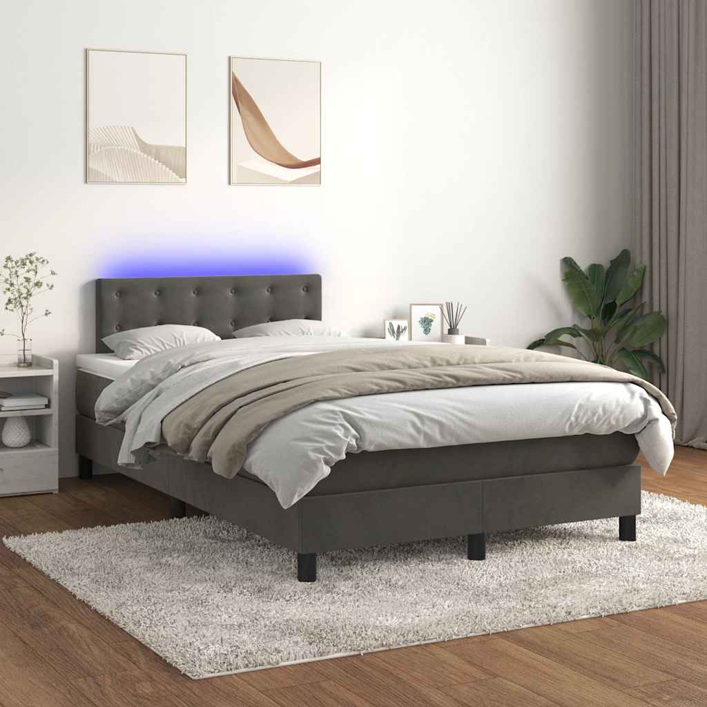 sötétszürke bársony rugós és LED-es ágy matraccal 120x190 cm